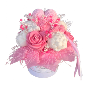 Pink heart soy candle bouquet with rose-shaped candles and white floral accents