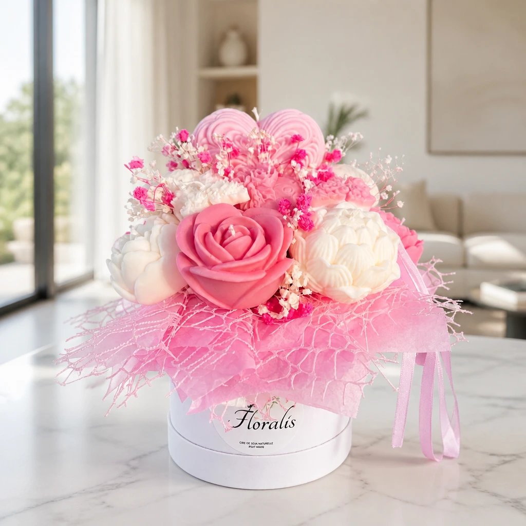 Bouquet de bougies roses en cire de soja avec roses et fleurs décoratives