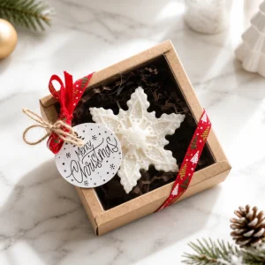 Bougie flocon de neige en cire de soja dans un coffret cadeau de Noël