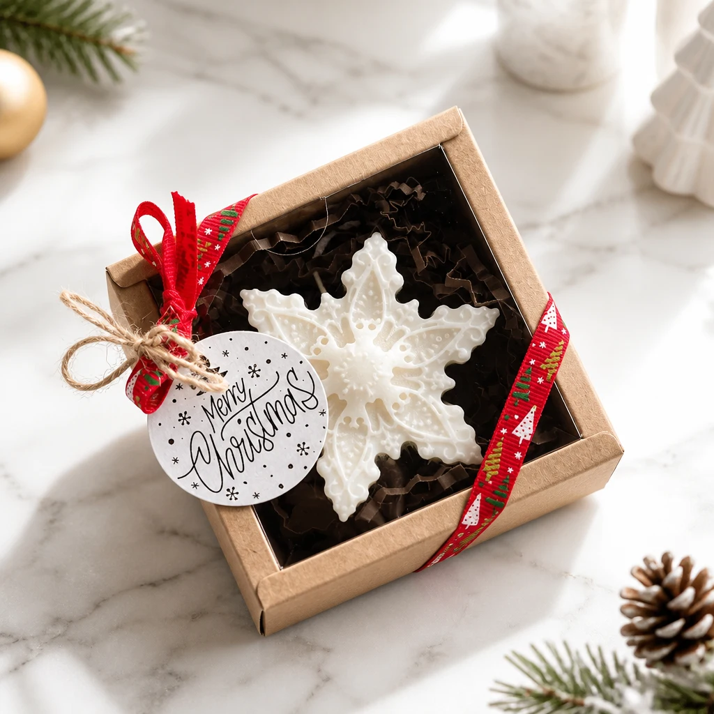 Bougie flocon de neige en cire de soja dans un coffret cadeau de Noël