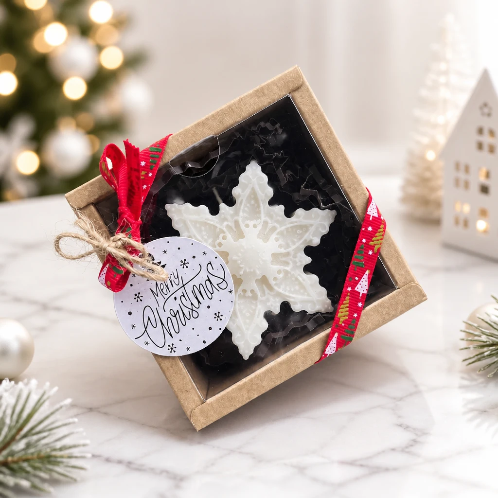 Bougie de Noël blanche en forme de flocon de neige dans une boîte cadeau