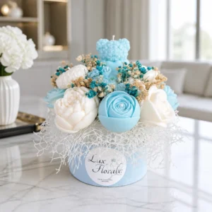 Bouquet de bougies en cire de soja bleu et blanc avec roses et fleurs décoratives