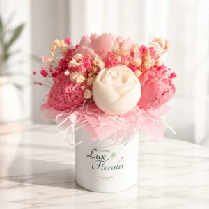Bouquet de bougies en cire de soja rose et blanc avec rose et fleurs décoratives