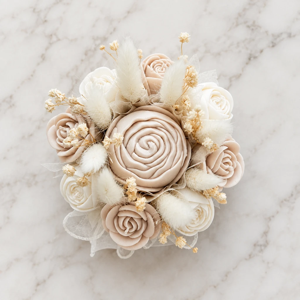 Vue de dessus du bouquet de bougies roses crème et beige