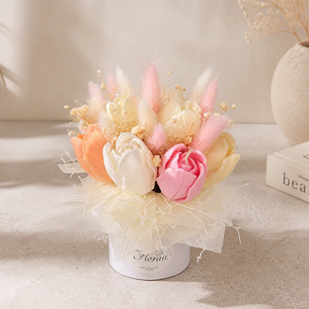 Mini bouquet de bougies en cire de soja rose, crème et pêche avec fleurs décoratives
